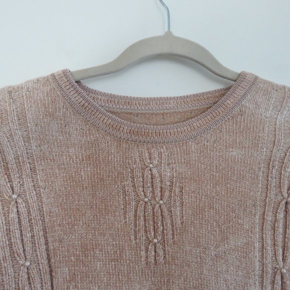VINTAGE 90s Chenille Beige Tan Embroidered Cable Knit Crew Neck Tunic Sweater - Picture 6 of 15